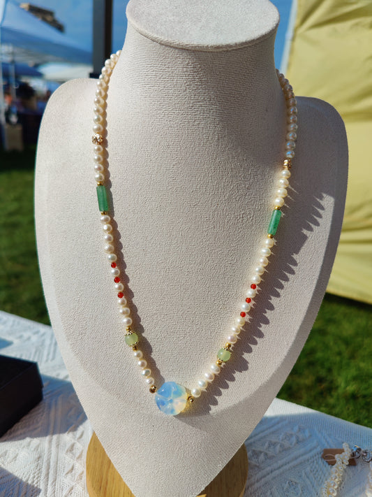Opal, Agate,Aventurine,Jade,Freshwater Pearl necklace